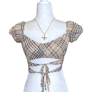 Tiger Mist Karim Plaid Crop Top Womens Semi Sheer Boho Milkmaid Sz XS